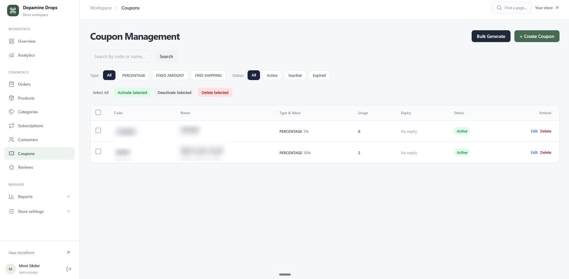 Coupon management: type filters for percentage, fixed amount and free shipping, status filters, bulk activate, deactivate and delete, Bulk generate and Create coupon buttons, and a table with type and value, usage, expiry and status. Coupon codes are blurred.