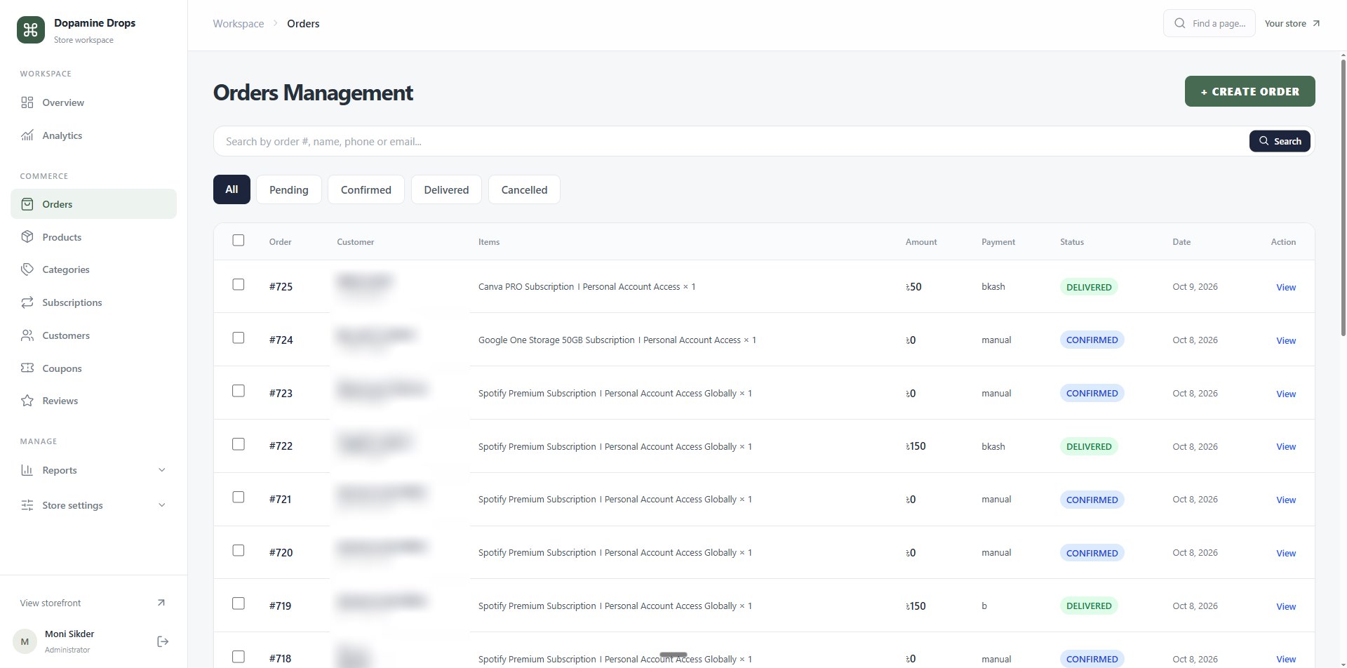 Orders management: a search by order number, name, phone or email, status tabs, a Create order button, and a table of orders with items, amount, payment method, status and date. Customer details are blurred.
