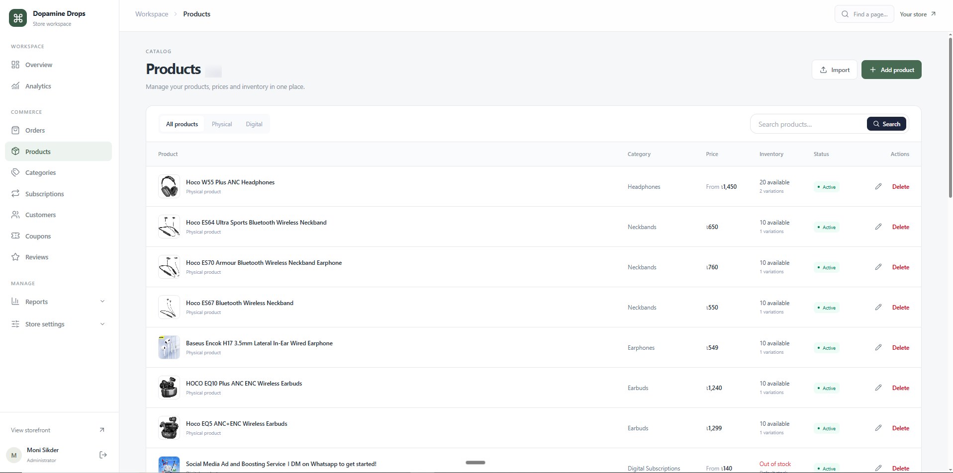 Product management: All, Physical and Digital tabs, search, import and add product, and columns for category, price, inventory with variation counts, status and actions.