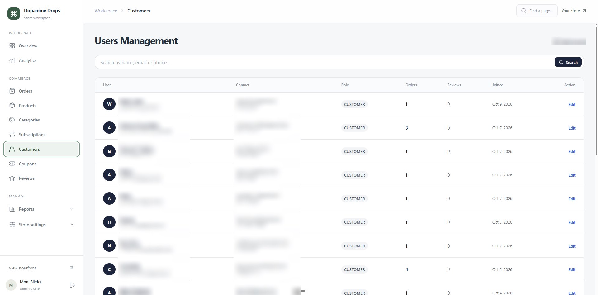 Users management: a search by name, email or phone and a table with role, orders, reviews and join date. Names and contact details are blurred.