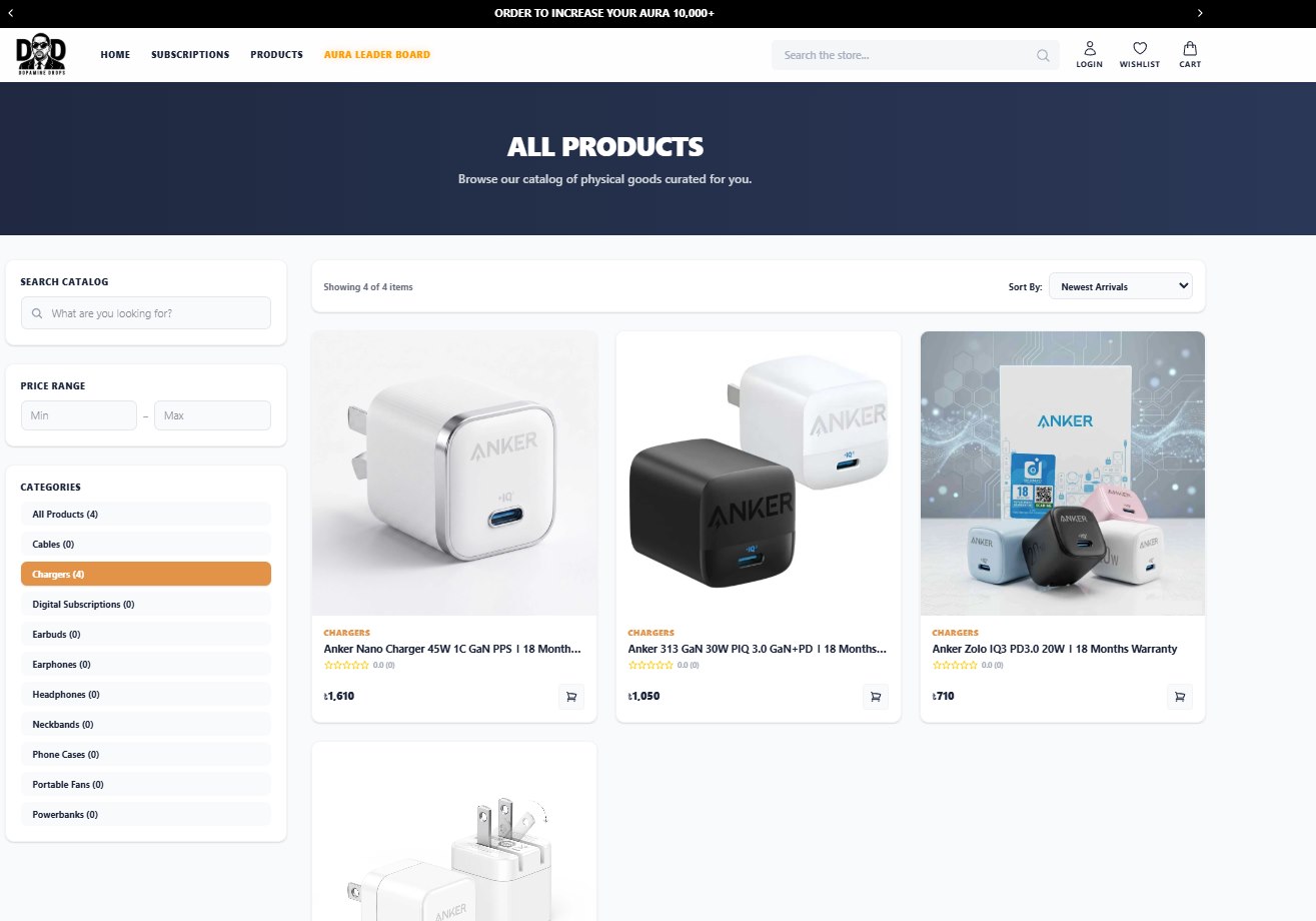 "All products": a search box, a price range filter and a category list with counts (cables, chargers, digital subscriptions, earbuds, headphones, phone cases, powerbanks and more) beside a sortable product grid.