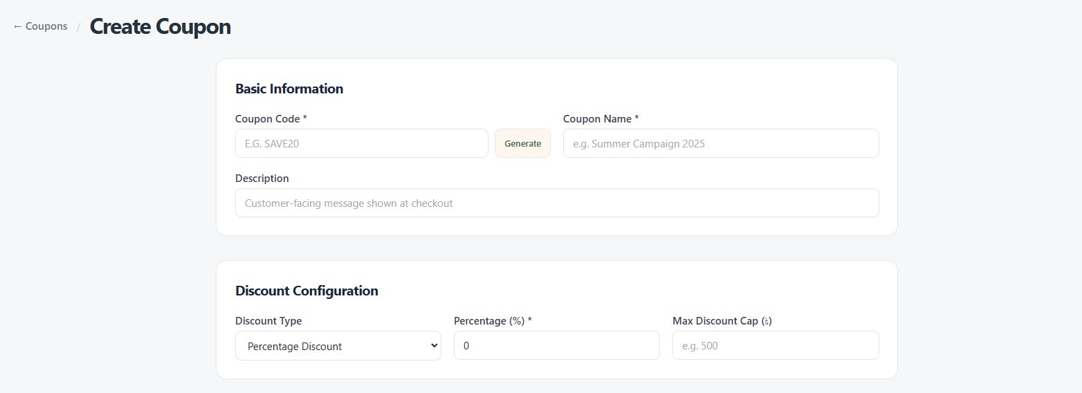 Create coupon: coupon code with a Generate button, coupon name, a customer-facing description, and discount configuration with type, percentage and a maximum discount cap.