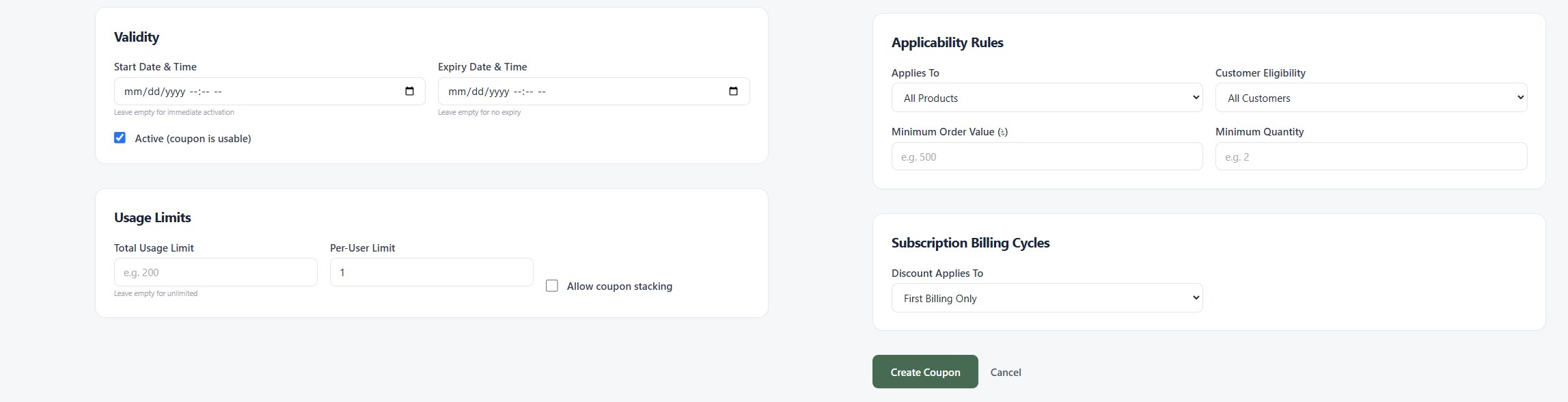 Coupon rules: start and expiry date and time, an active toggle, total and per-user usage limits, coupon stacking, products it applies to, customer eligibility, minimum order value and quantity, and which subscription billing cycles get the discount.