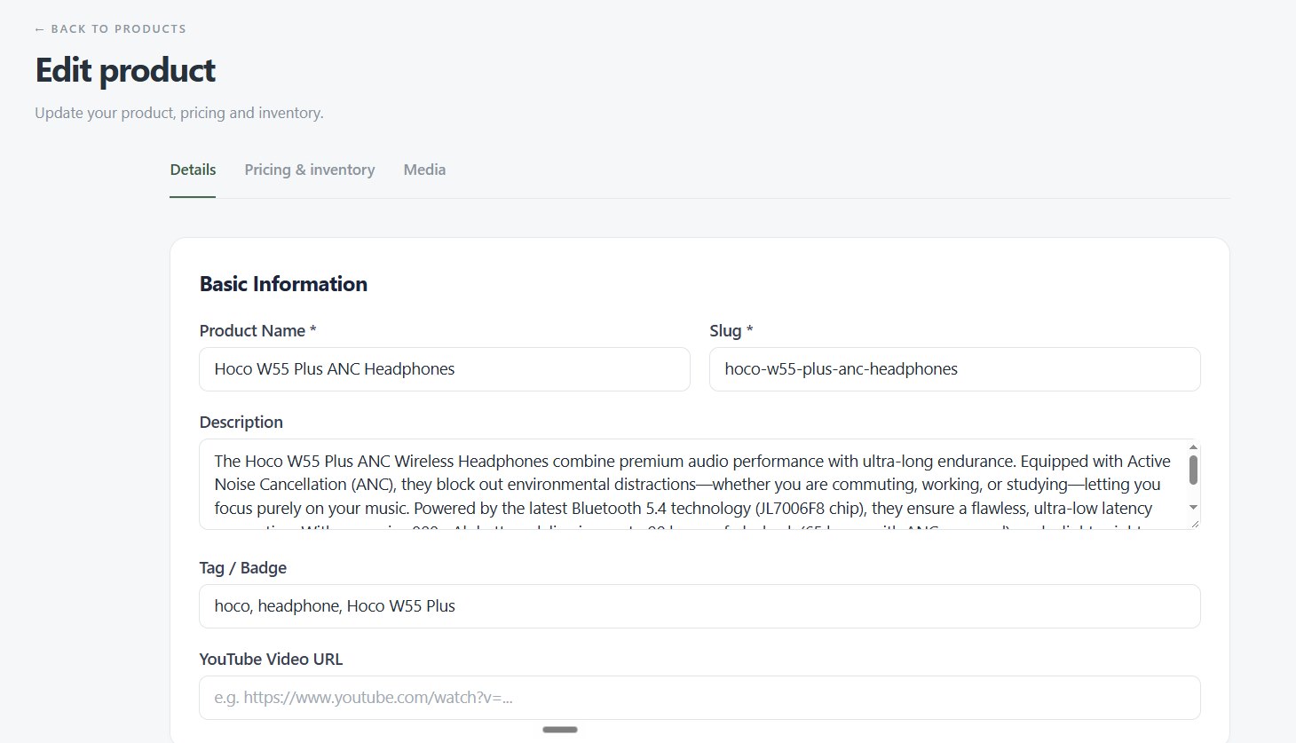 The Details tab of the product editor: product name, slug, description, tag or badge, and a YouTube video URL.