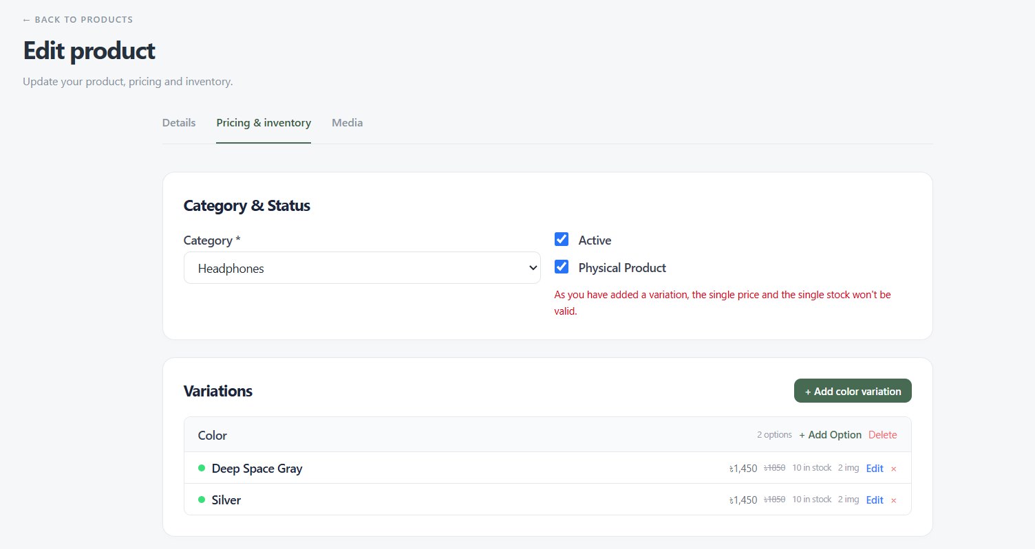 The Pricing & inventory tab of the product editor: a category, Active and Physical product toggles, and colour variations, each with its own price, compare-at price, stock and images.
