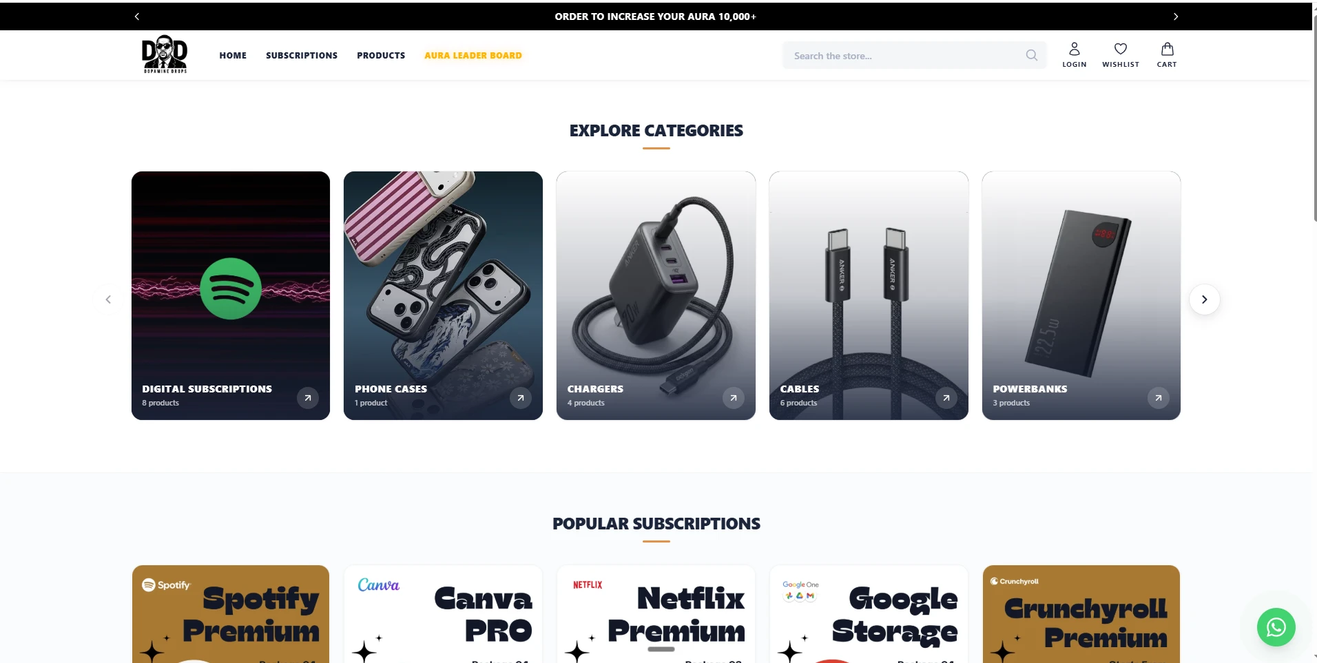 The Dopamine Drops BD home page: an "Order to increase your Aura" announcement bar, a nav with Subscriptions, Products and the Aura Leader Board, an "Explore categories" carousel and a row of popular subscriptions such as Spotify Premium, Canva Pro and Netflix Premium.