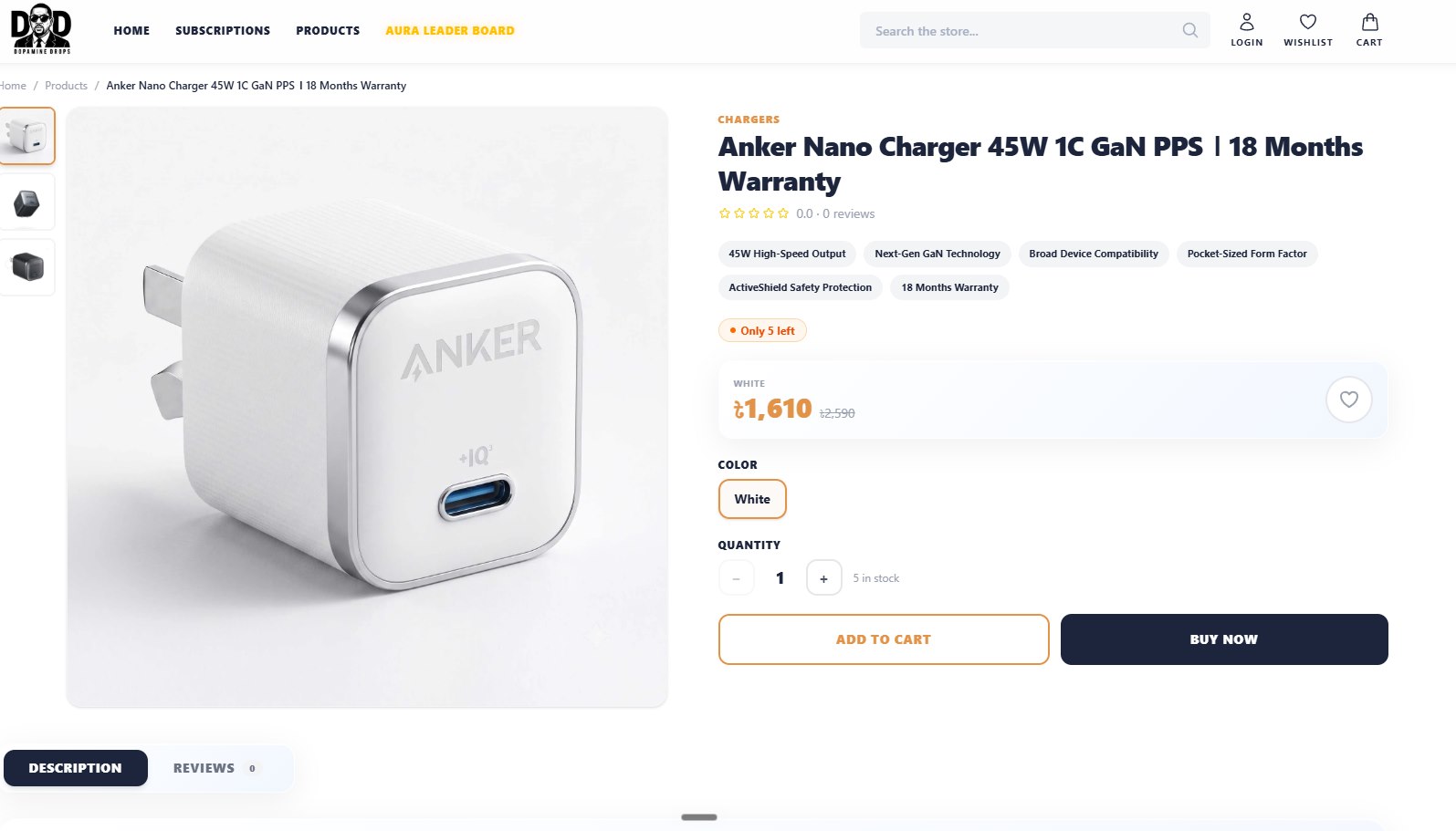 The Anker Nano Charger 45W product page: gallery thumbnails, feature chips, "Only 5 left" in stock, a sale price, a colour option, quantity, and Add to cart and Buy now buttons.