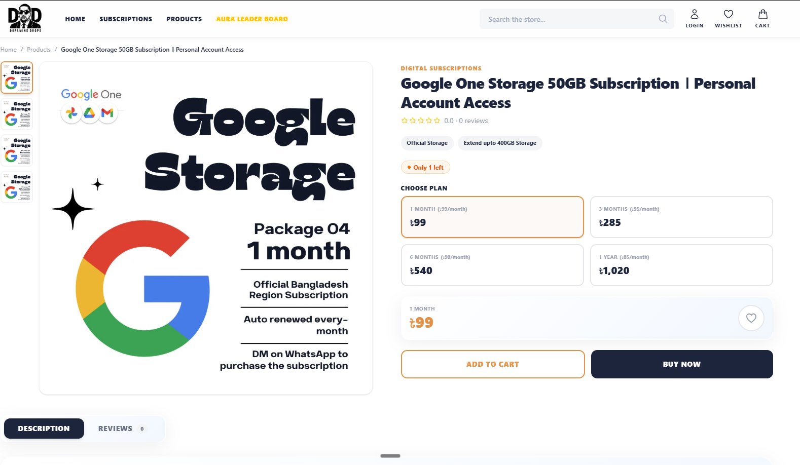 The Google One Storage 50GB product page: a plan picker for 1, 3 and 6 months and 1 year, each with its per-month price, the stock, and Add to cart and Buy now buttons.