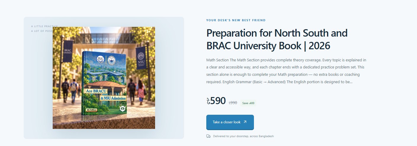 A printed NSU and BRAC admission-prep book listed for doorstep delivery across Bangladesh.