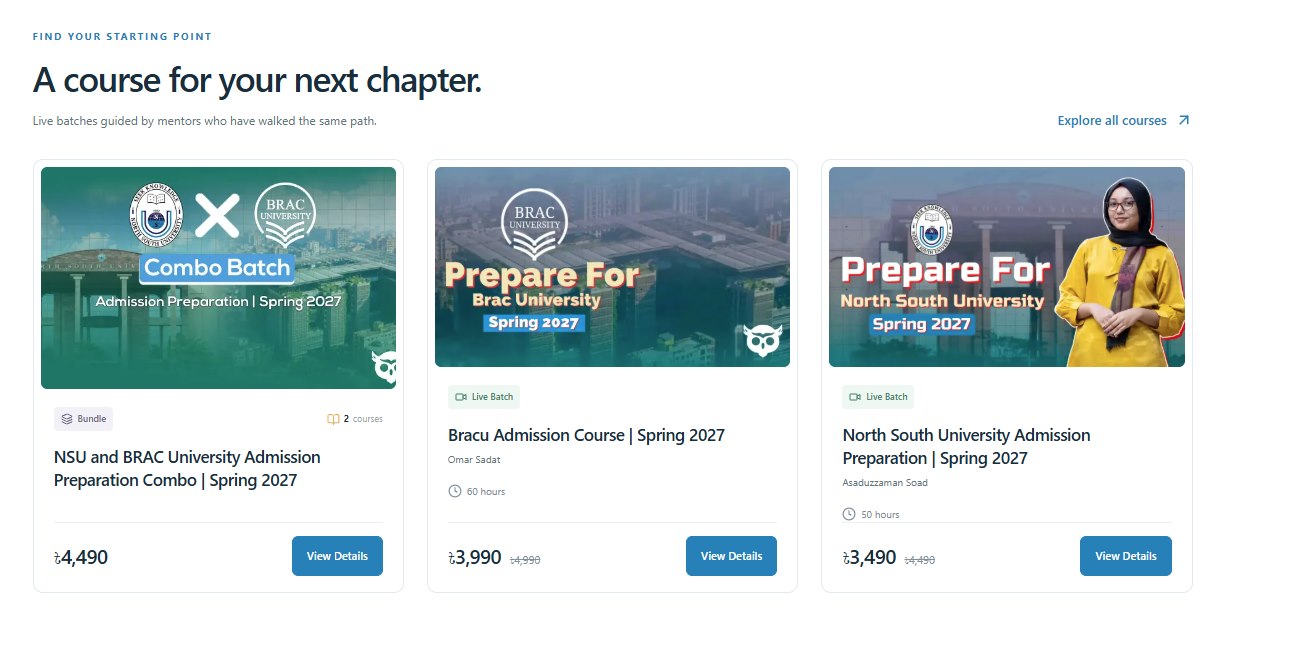 Privatian course catalogue headed "A course for your next chapter": live batches and an NSU and BRAC combo bundle, each showing the instructor, hours, price and discount.