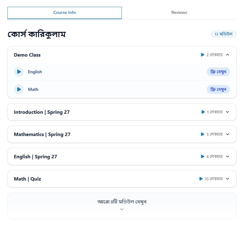 A course curriculum: modules with their lecture counts, and free demo classes marked for preview.