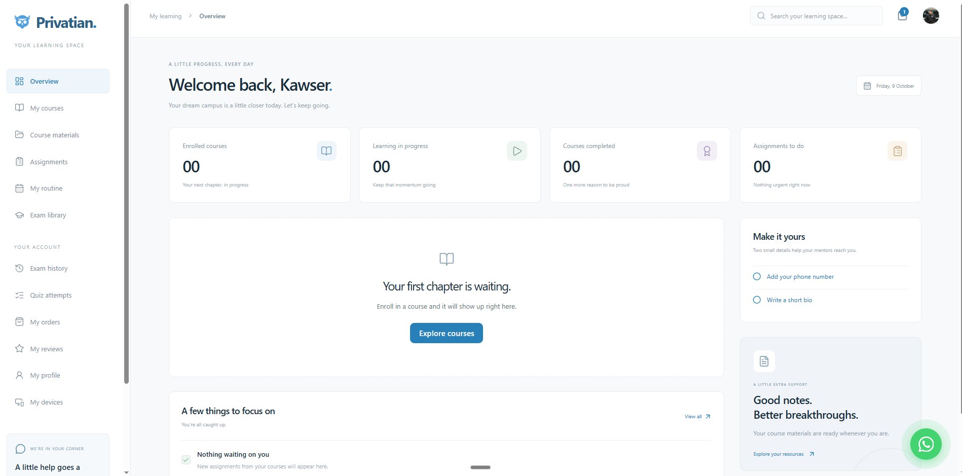 The student dashboard, "Welcome back": enrolled, in-progress and completed courses and assignments, with a sidebar of course materials, routine, exams, quiz attempts, orders, reviews, profile and devices.
