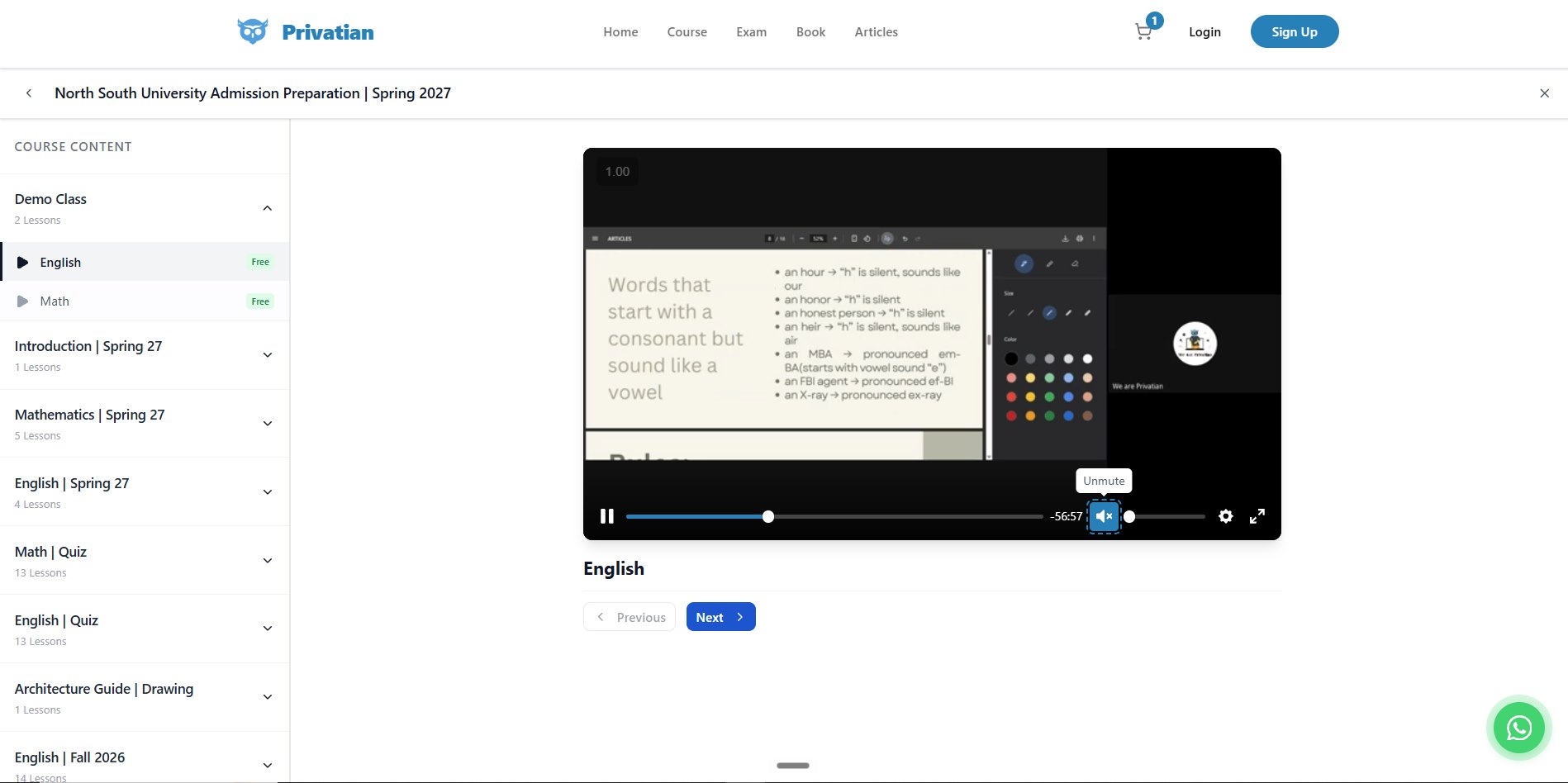 The lesson player: a course content sidebar of modules and lessons beside the video, with previous and next buttons.