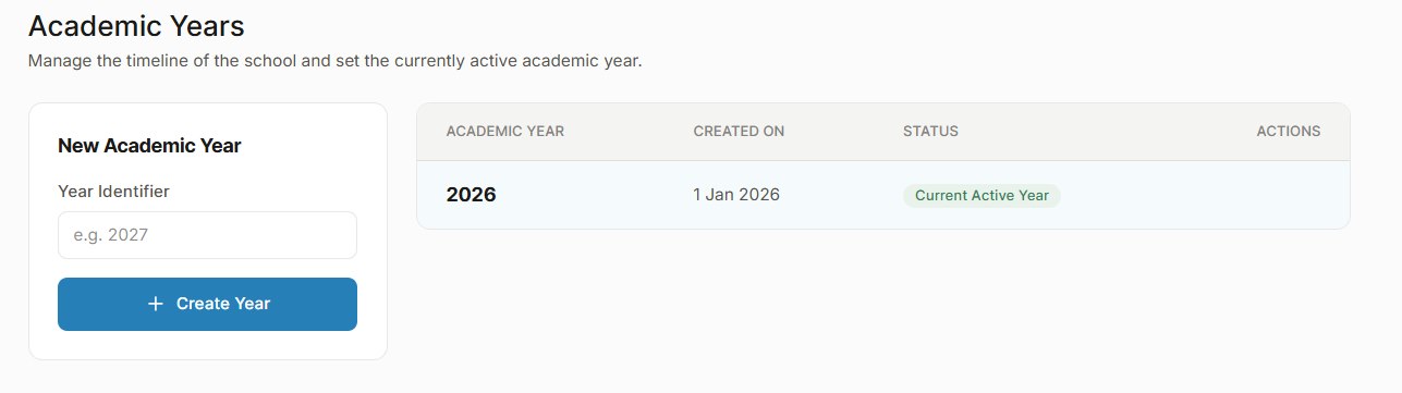 Academic years: create a new year by identifier, and 2026 listed as the current active year.