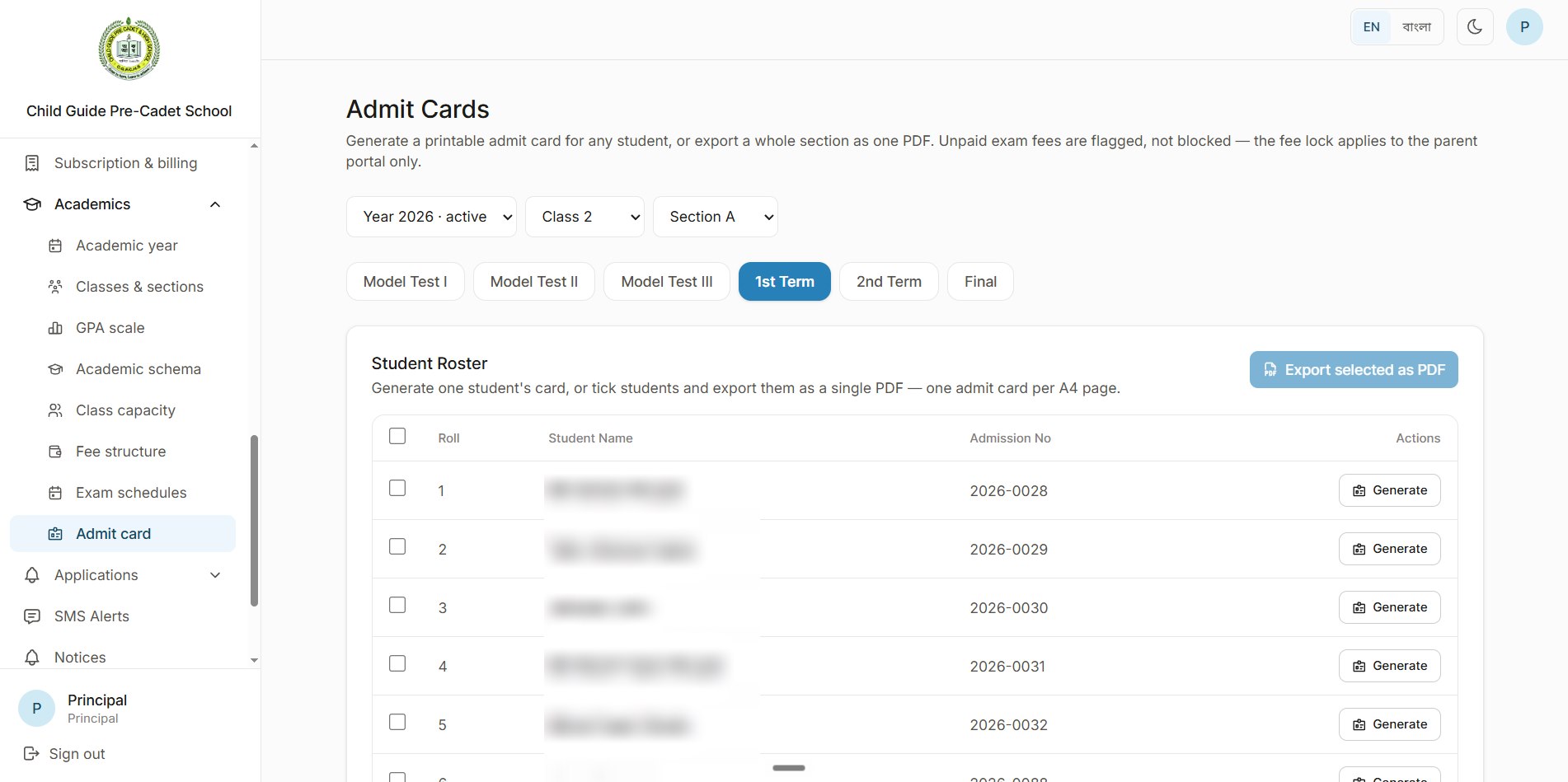 Admit cards for Class 2 section A: exam tabs from Model test I to Final, and a student roster with a Generate button per student and Export selected as PDF. Student names are blurred.