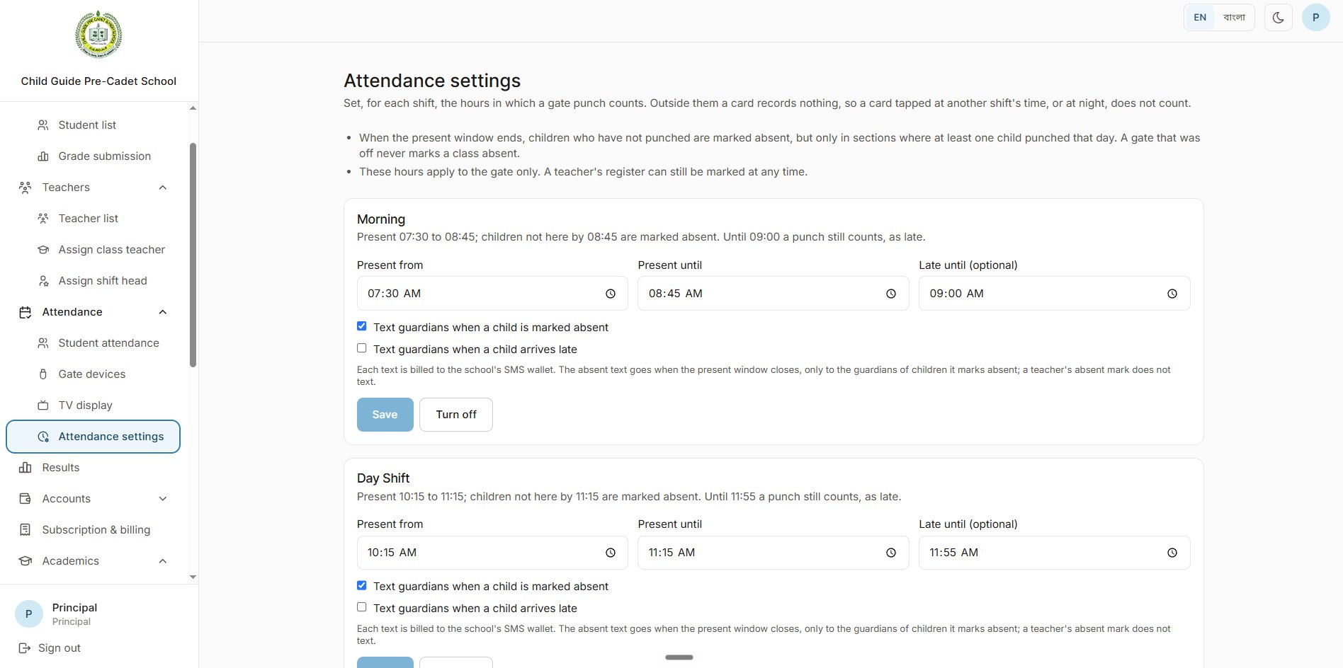 Attendance settings for the Morning and Day shifts: present from, present until and late until times, with options to text guardians when a child is marked absent or arrives late.