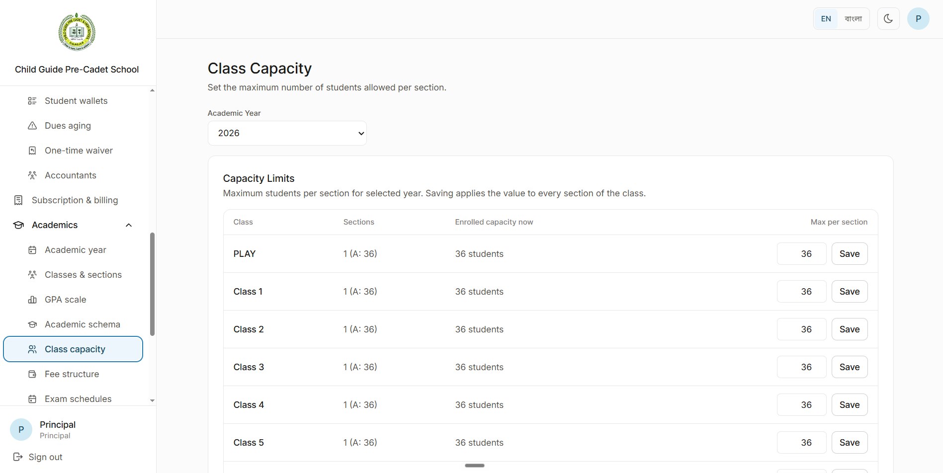 Class capacity for 2026: each class with its sections, enrolled capacity and a maximum per section with a Save button.