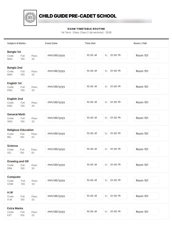 A printable exam timetable for the Class 2 1st term under the school letterhead, listing each subject with its code, full and pass marks, date, time slot and room. The school's address and phone are blurred.
