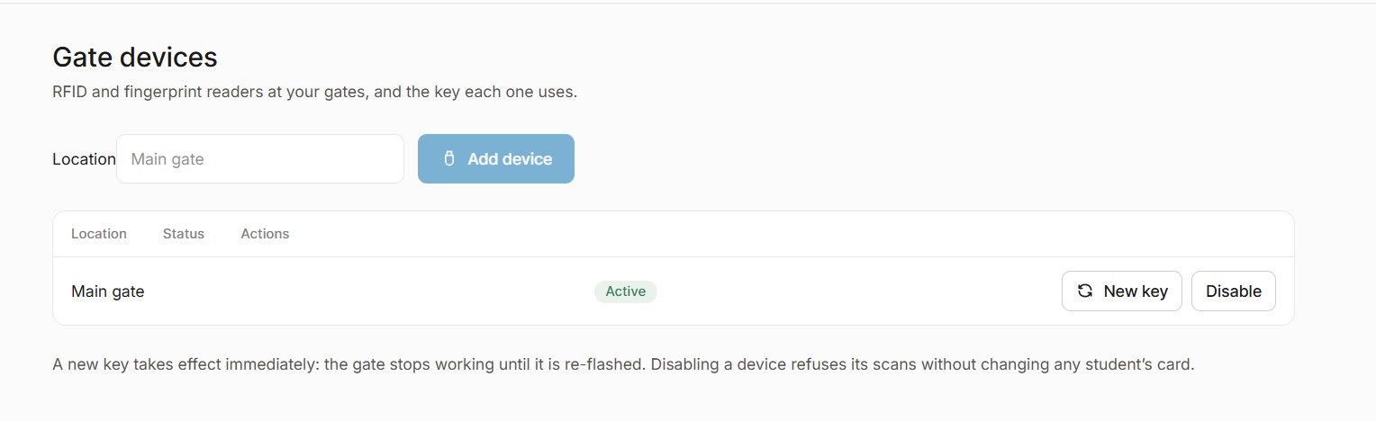 Gate devices: add a device by location, and the Main gate reader shown as Active with New key and Disable actions.