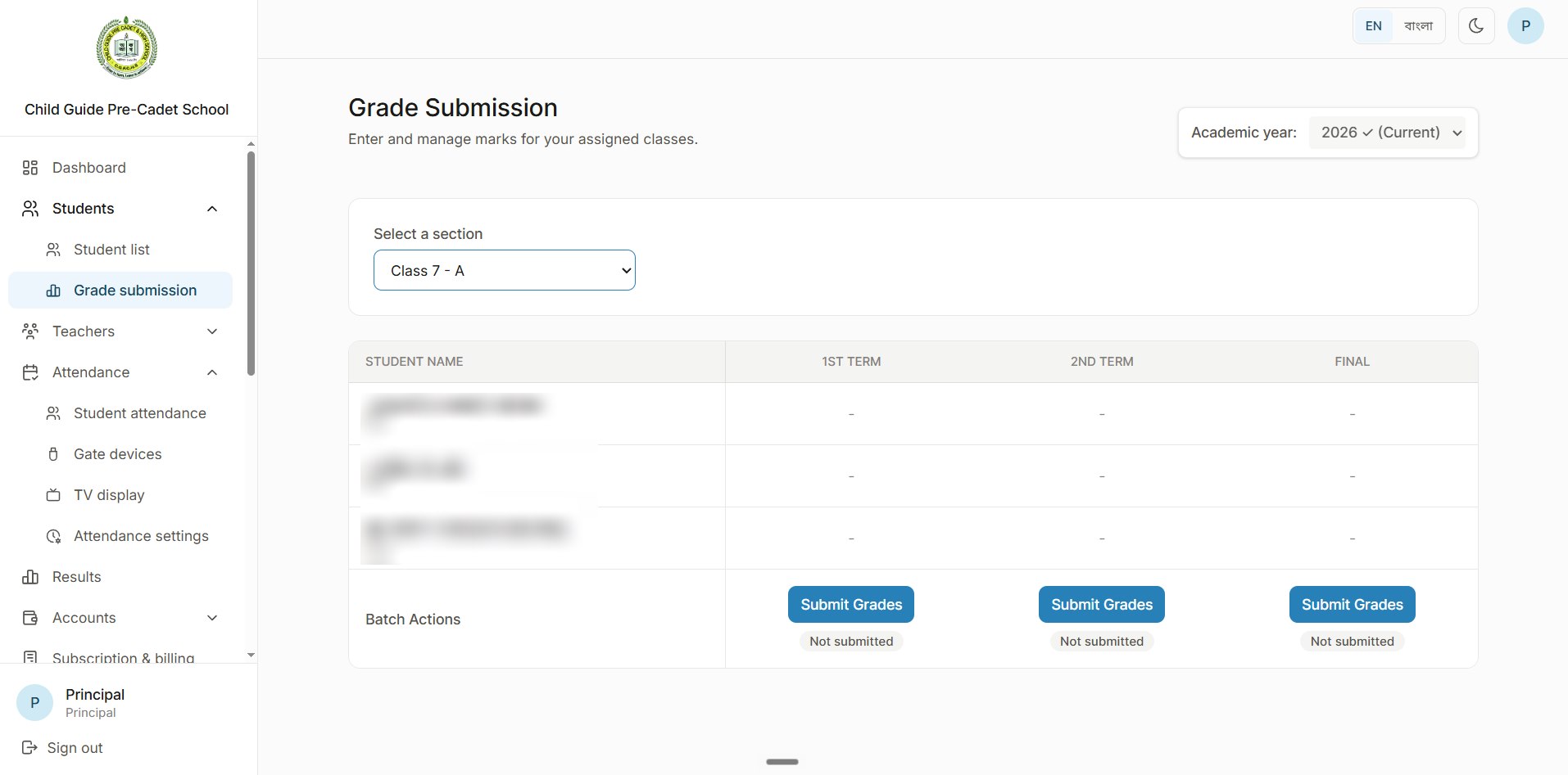 Grade submission for Class 7, section A in academic year 2026: 1st term, 2nd term and final columns, each with a Submit grades button marked Not submitted. Student names are blurred.