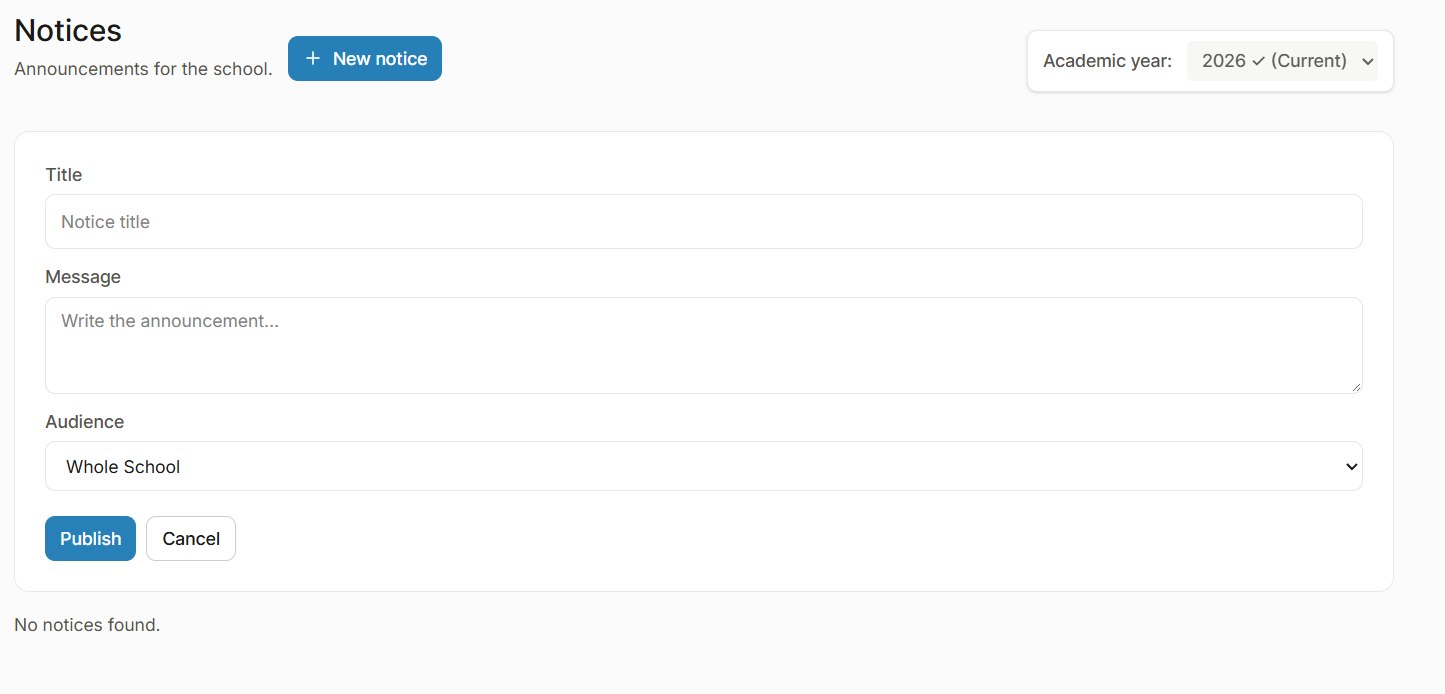 The new notice form: title, message, an audience set to Whole school, and Publish and Cancel buttons.