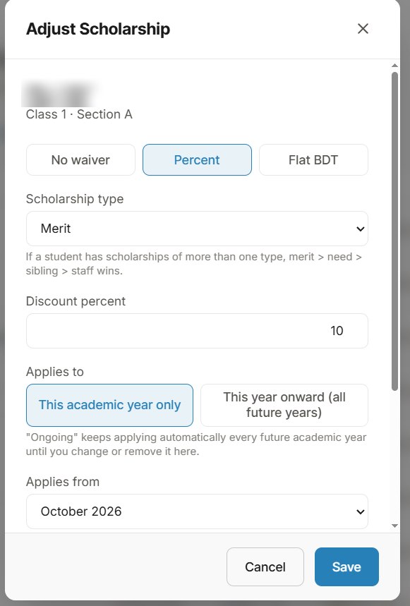 Adjust scholarship for a Class 1 student: No waiver, Percent or Flat BDT; scholarship type Merit; discount percent 10; applies to this academic year only or this year onward; applies from October 2026. The student's name is blurred.