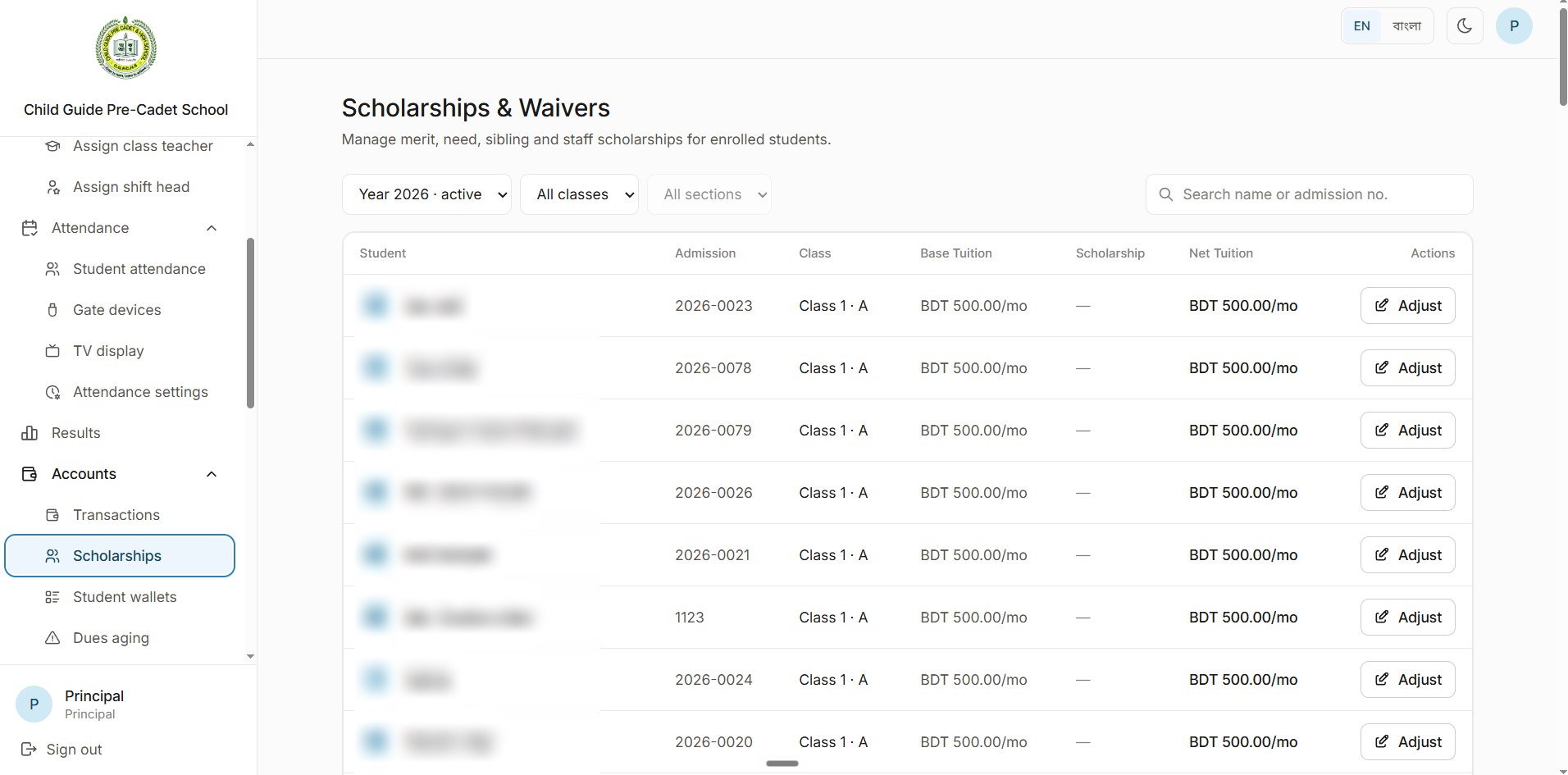 Scholarships and waivers: filters by year, class and section, and a table with admission number, class, base tuition, scholarship, net tuition and an Adjust button. Student names are blurred.