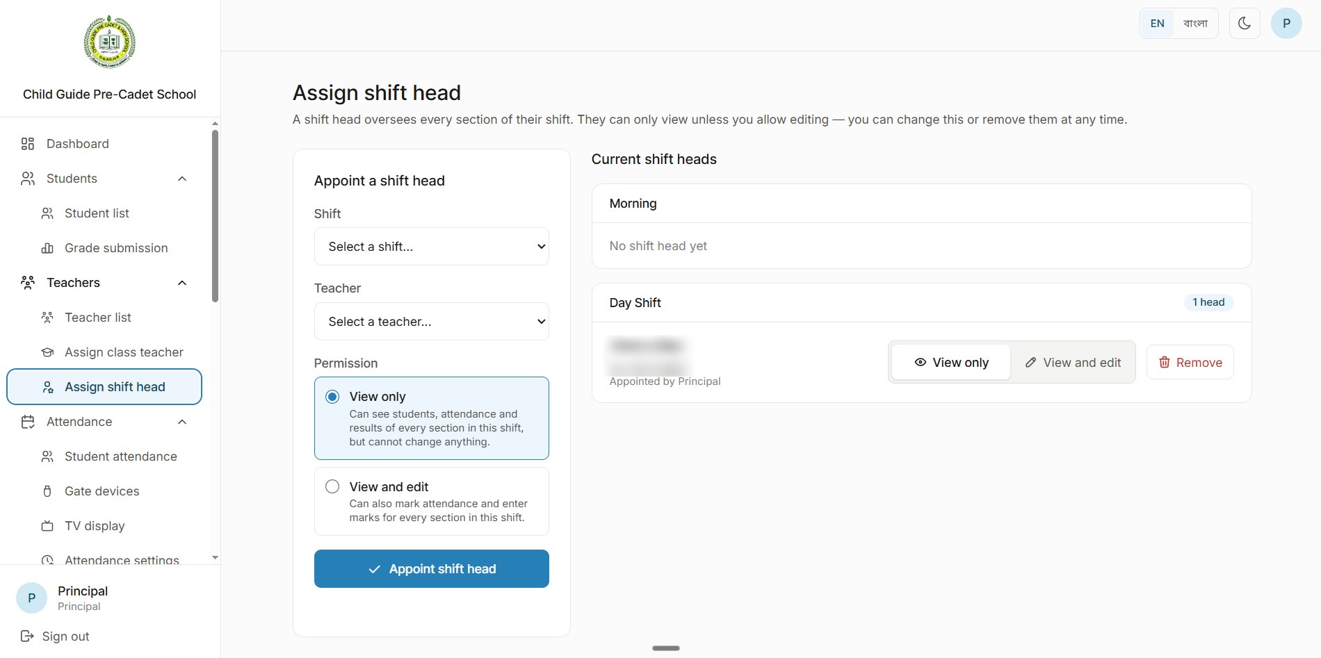Assign shift head: choose a shift and a teacher, pick View only or View and edit, and see the current heads for the Morning and Day shifts. The teacher's name and phone are blurred.