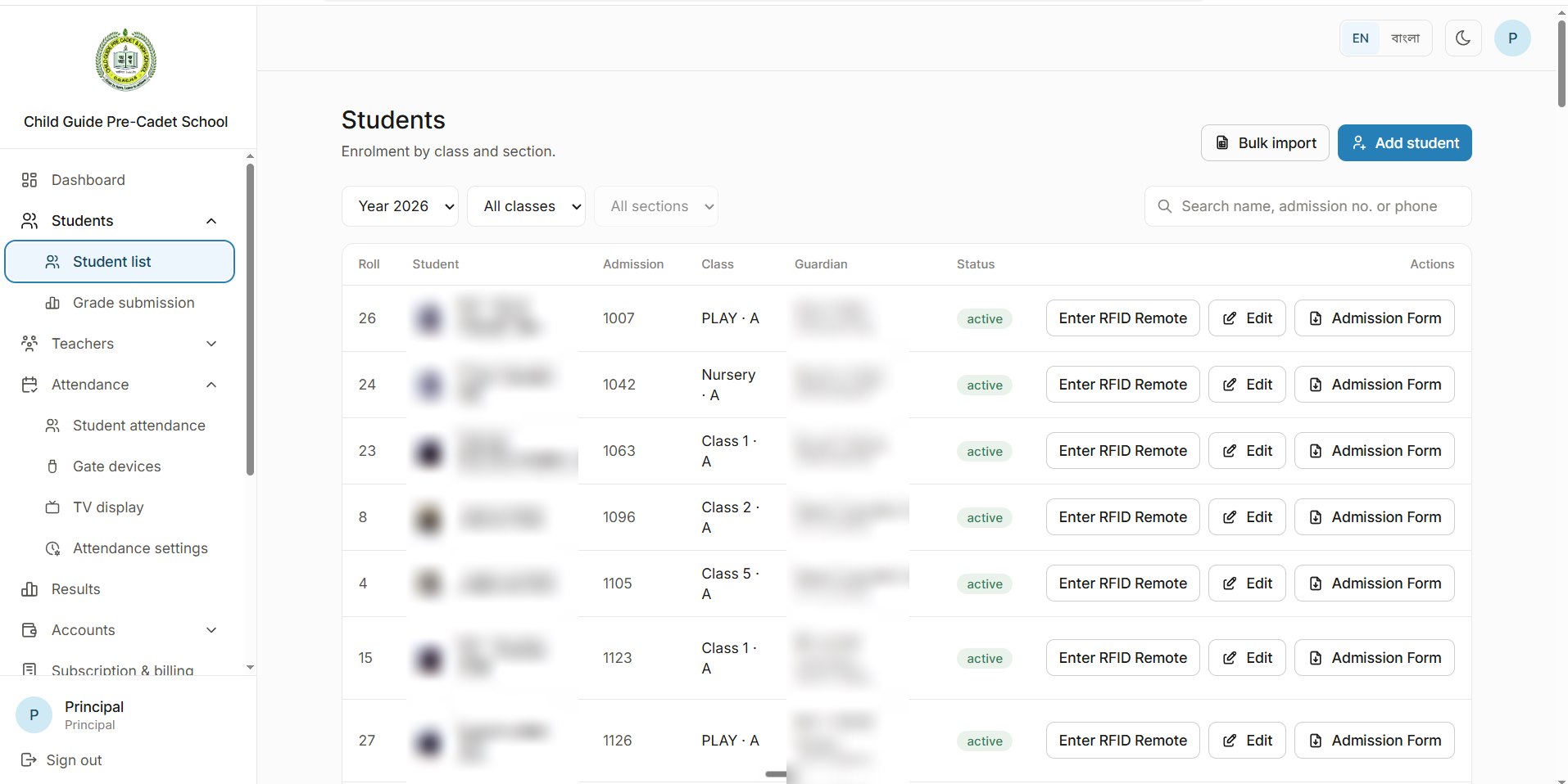 The student list with year, class and section filters, a search, Bulk import and Add student buttons, and rows with roll, admission number, class, status and actions for RFID setup, edit and admission form. Student names, photos and guardian details are blurred.